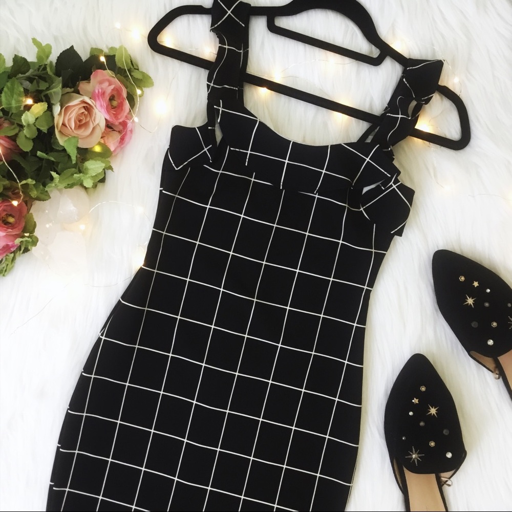 Windowpane Striped Ruffle Mini Cocktail Dress - Picture 7 of 8